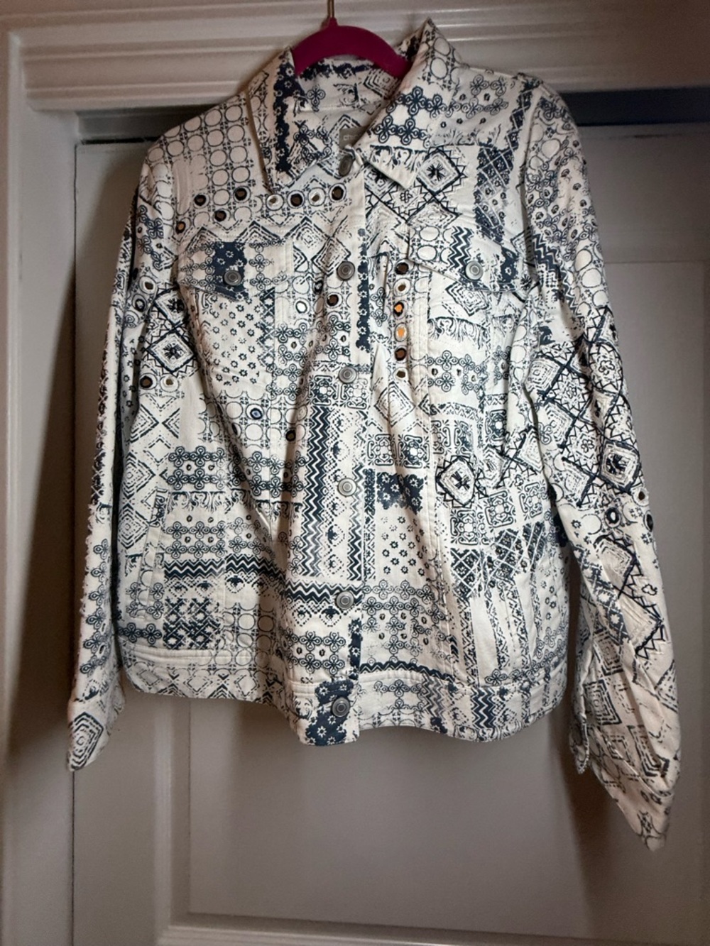 Chico's Ivory and Navy Patchwork Button-Front Jacket